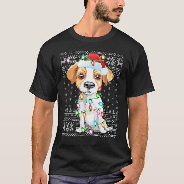 Camiseta Xmas Lighting Santa Hat Ugly Jack Russell Terrier (Frente)