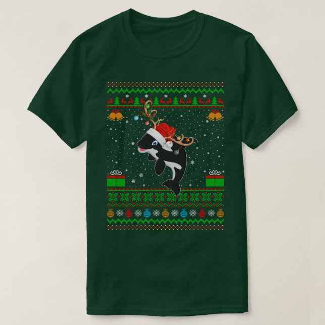 Camiseta Xmas Lighting Santa Hat Ugly Orca Killer Baleia Ch (Frente do Design)