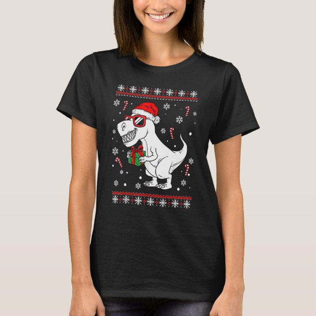 Camiseta Xmas Lighting Santa Hat Ugly Rex Dinosaurs Christm (Frente)