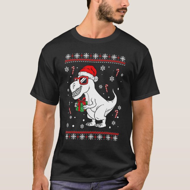 Camiseta Xmas Lighting Santa Hat Ugly Rex Dinosaurs Christm (Frente)