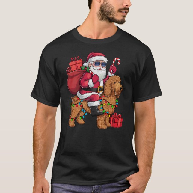 Camiseta Xmas Lighting Santa Riding Goldendoodle Dog Christ (Frente)