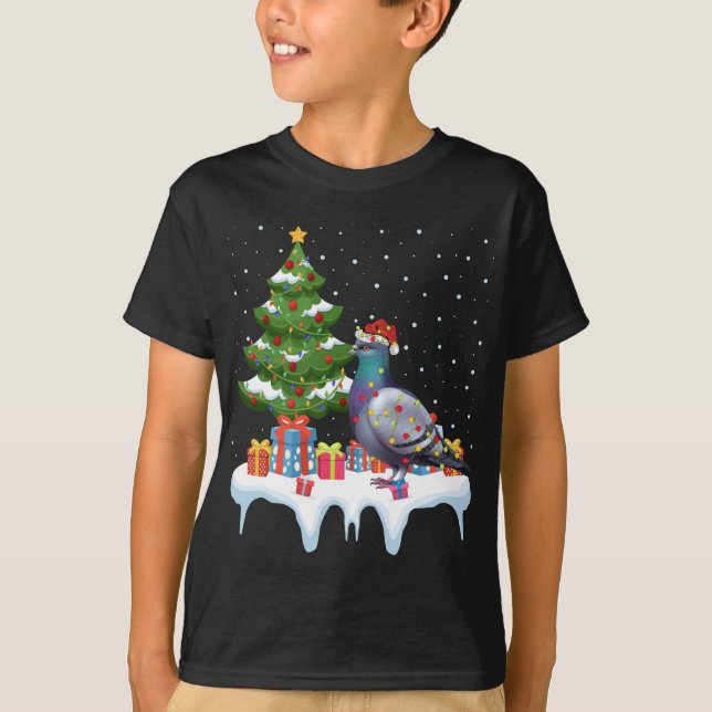 Camiseta Xmas Lighting Tree Santa Hat Pigeon Natal (Frente)