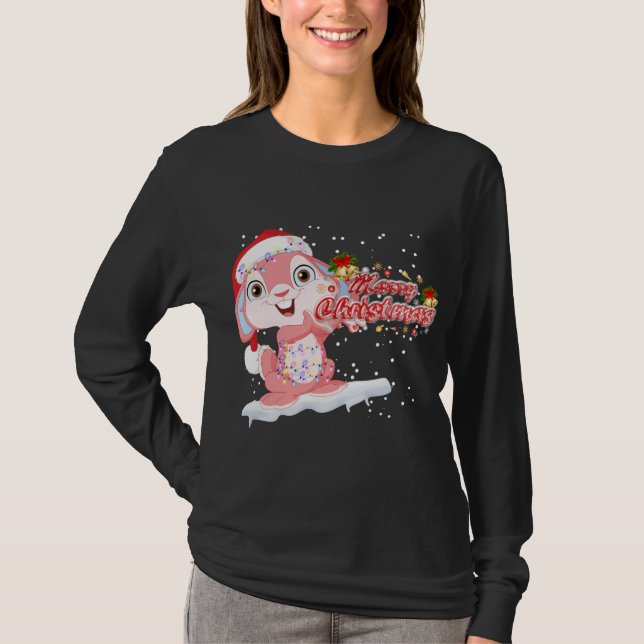 Camiseta Xmas Lighting Tree Santa Hat Rabbit Bunny Christma (Frente)