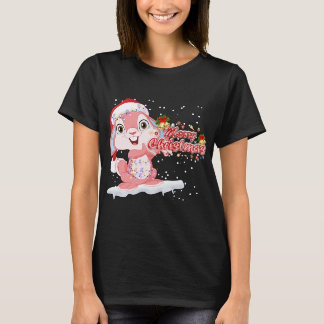 Camiseta Xmas Lighting Tree Santa Hat Rabbit Bunny Christma (Frente)