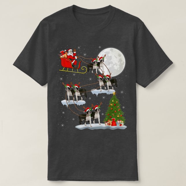 Camiseta Xmas Lighting Tree Santa Riding Boston Terrier Chr (Frente do Design)