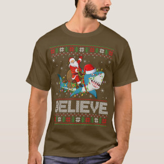 Camiseta Xmas Lights Shark Acredita que Papais noeis Feios 