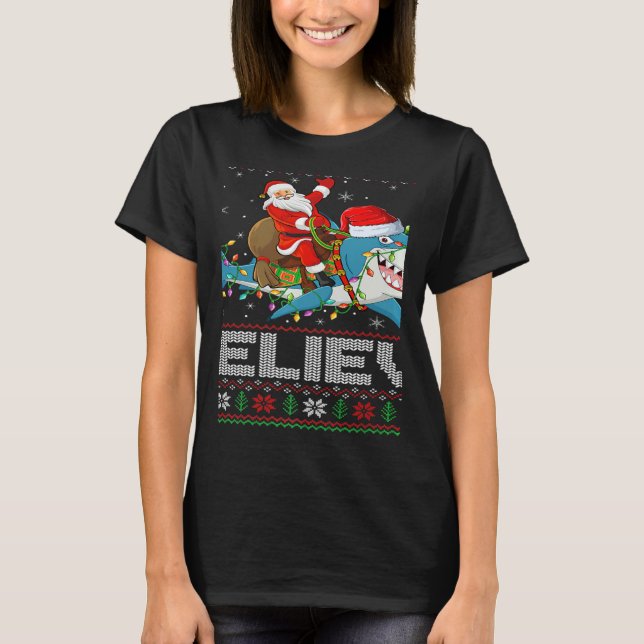Camiseta Xmas Lights Shark Believe Ugly Santa Riding Shark  (Frente)