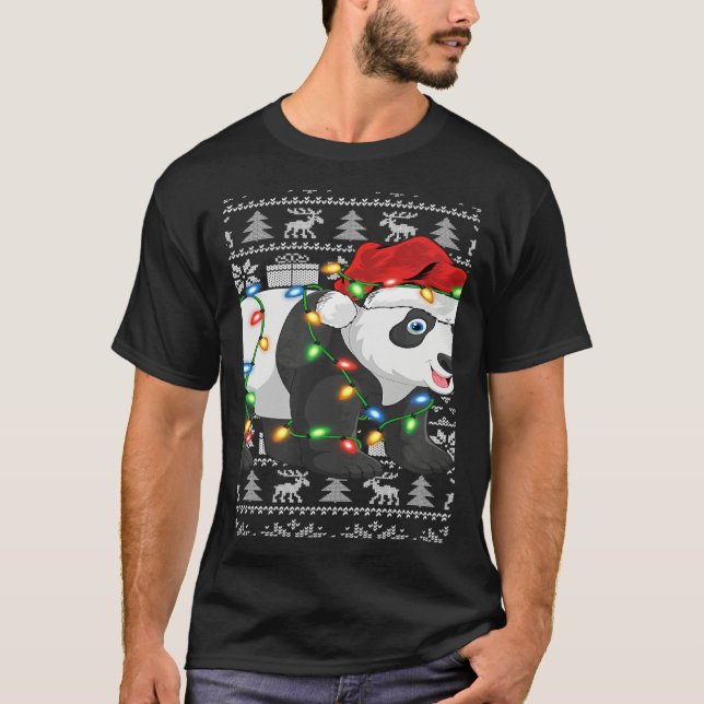 Camiseta Xmas Lights Ugly Santa Hat Panda Christmas (Frente)