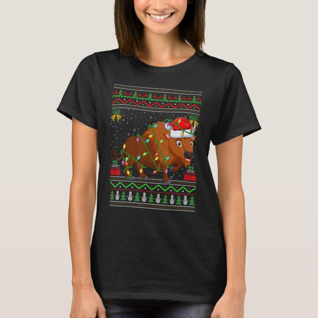 Camiseta Xmas Lights Ugly Sweater Style Santa Bison Christm (Frente)