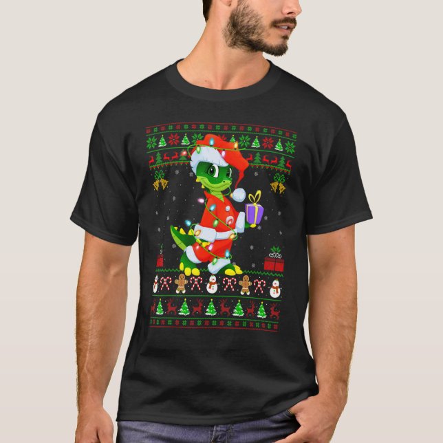 Camiseta Xmas Lights Ugly Sweater Style Santa Crocodile Chr (Frente)