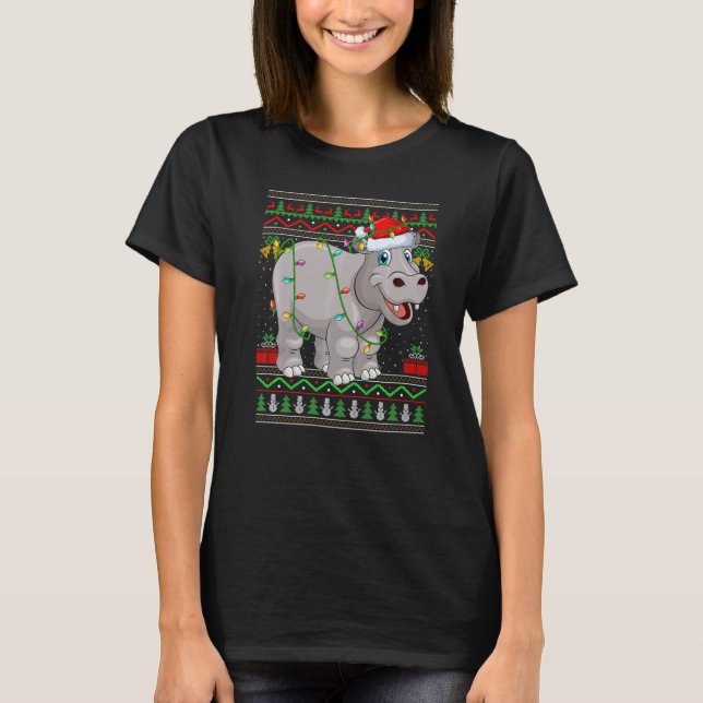 Camiseta Xmas Lights Ugly Sweater Style Santa Hippopotamus  (Frente)