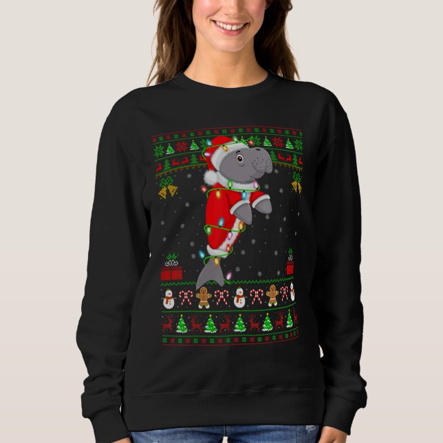 Camiseta Xmas Lights Ugly Sweater Style Santa Manatee Chris (Frente)