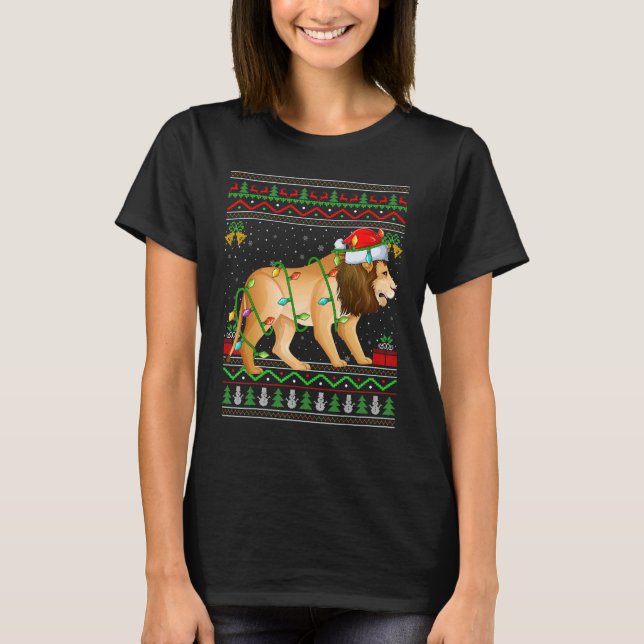 Camiseta Xmas Lights Ugly Sweater Style Santa Mountain Lion (Frente)