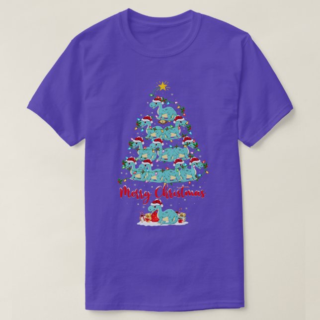 Camiseta Xmas Luzes Papais noeis Engraçados Brontosaurus Di (Frente do Design)