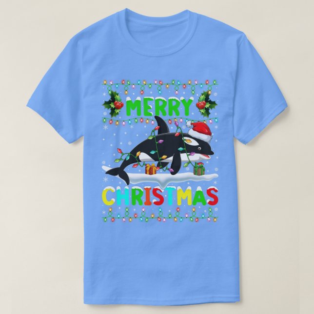 Camiseta Xmas Orca Fish Lighting Santa Hat Feliz Natal (Frente do Design)