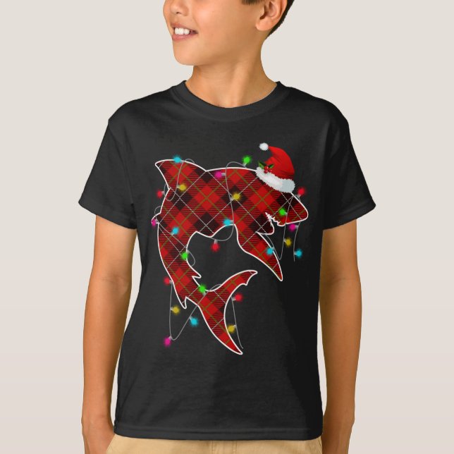 Camiseta Xmas Pajama Vermelho Xadrez Natal Luz Anima Tubarã (Frente)
