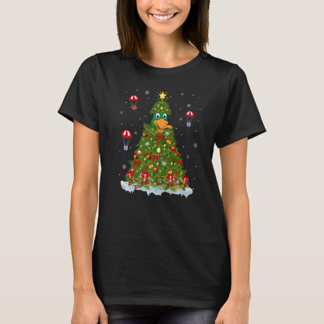 Camiseta Xmas Tree Decorations Lights Santa Waterfowl Bird  (Frente)