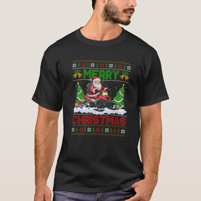 Camiseta Xmas Tree Lighting Feia Santa Hat Snowmobiling Chr (Frente)