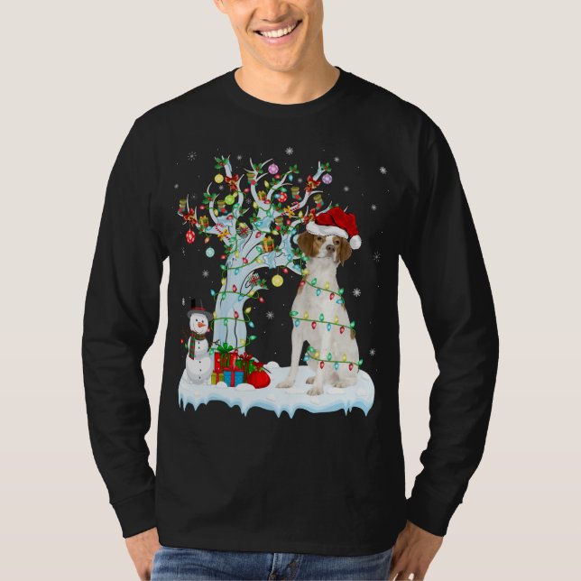 Camiseta Xmas Tree Lighting Santa Hat - Brittany Spaniel Do (Frente)