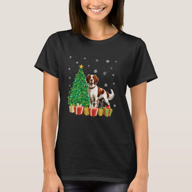 Camiseta Xmas Tree Lighting Santa Hat - Brittany Spaniel Do (Frente)
