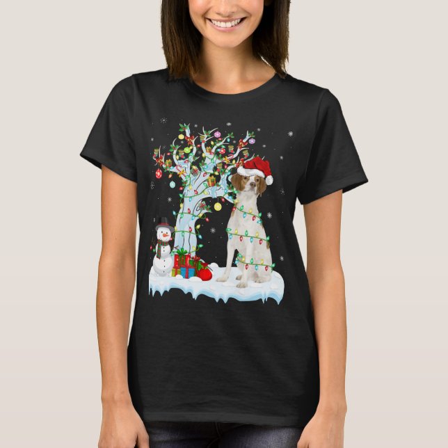 Camiseta Xmas Tree Lighting Santa Hat - Brittany Spaniel Do (Frente)