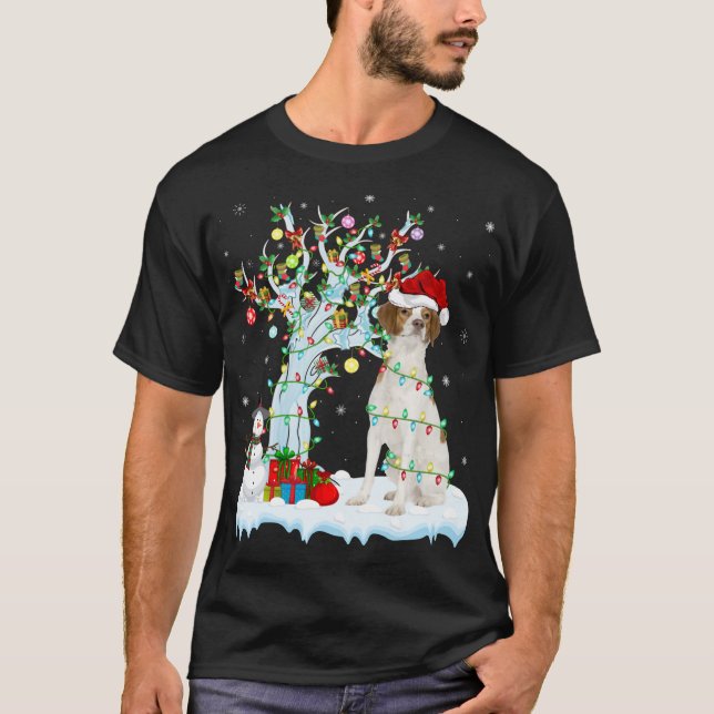 Camiseta Xmas Tree Lighting Santa Hat - Brittany Spaniel Do (Frente)