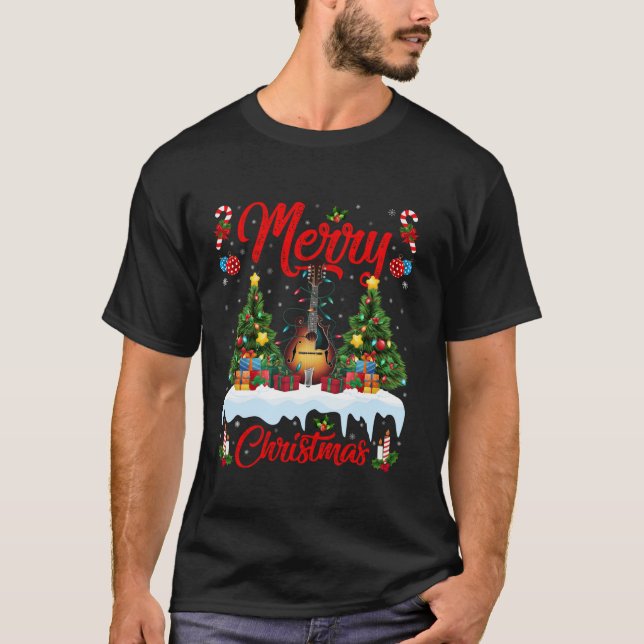 Camiseta Xmas Tree Lighting Santa Hat Musical Mandolin Chri (Frente)