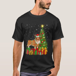 Camiseta Xmas Tree Lighting Santa Hat Rough Collie Dog Chri