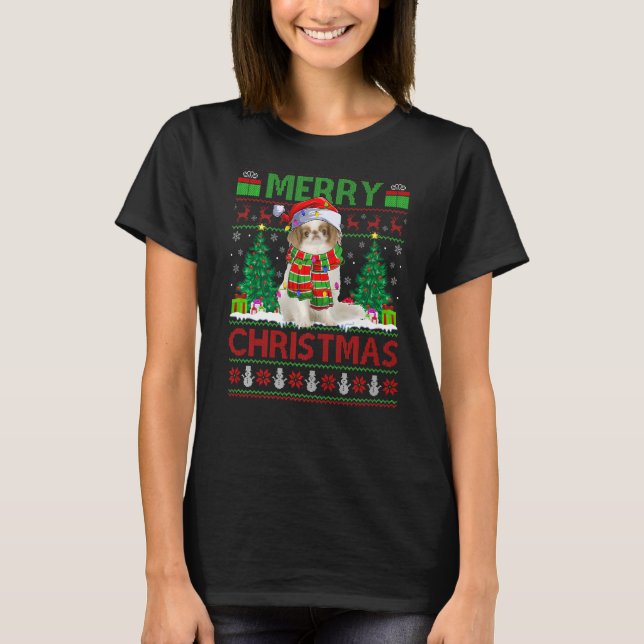 Camiseta Xmas Tree Lights Feia Papai noel Japonês Chin Dog  (Frente)
