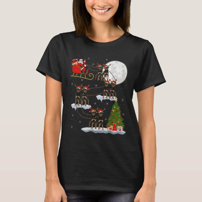 Camiseta Xmas Tree Lights Funny Santa Riding Rottweiler Dog (Frente)