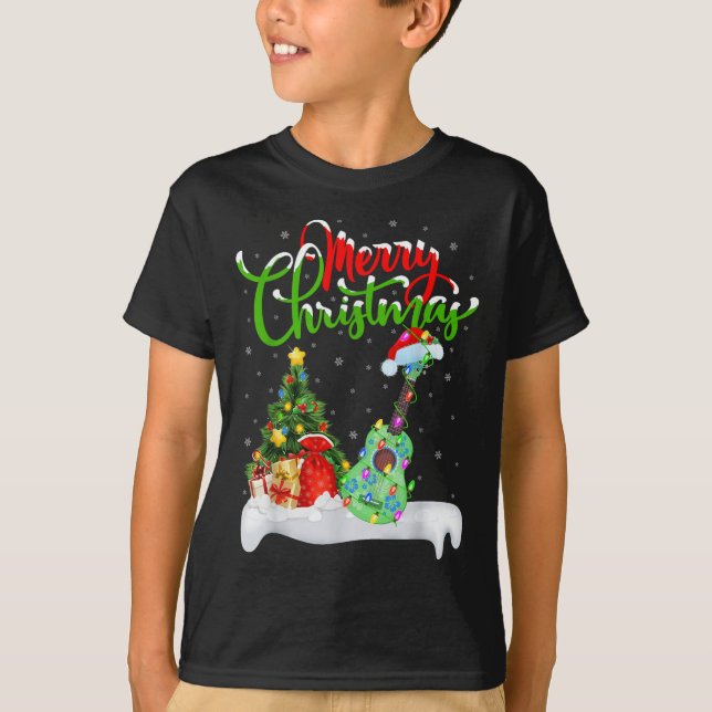 Camiseta Xmas Tree Lights Santa Hat Musical Ukulele Guitar  (Frente)