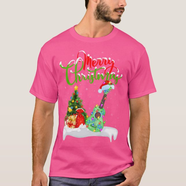 Camiseta Xmas Tree Lights Santa Hat Musical Ukulele Guitar (Frente)