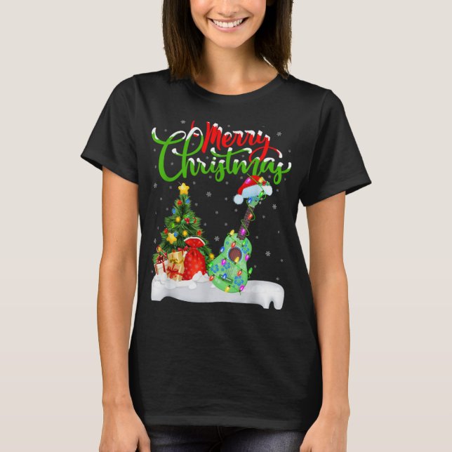 Camiseta Xmas Tree Lights Santa Hat Musical Ukulele Guitar  (Frente)