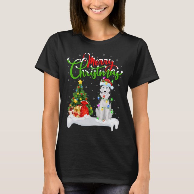 Camiseta Xmas Tree Lights Santa Hat Siberian Husky Chri (Frente)
