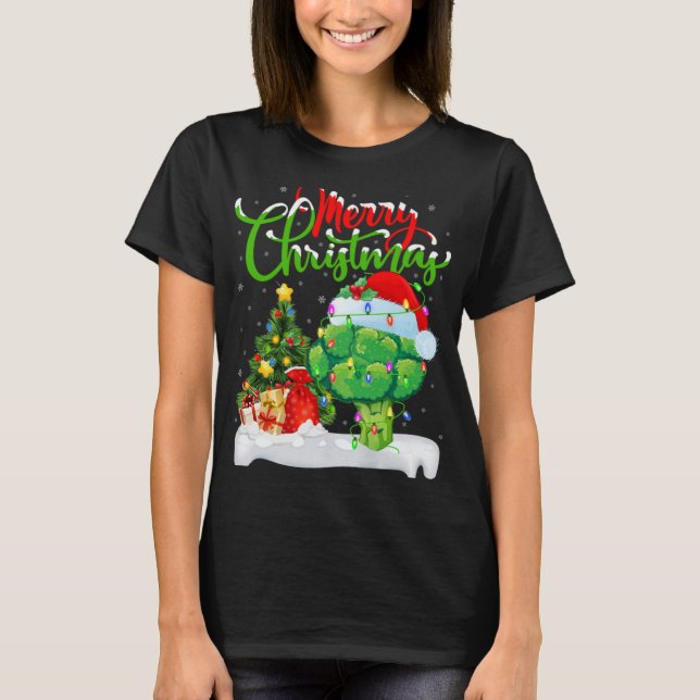 Camiseta Xmas Tree Lights Santa Hat Vegetable Broccoli Chri (Frente)