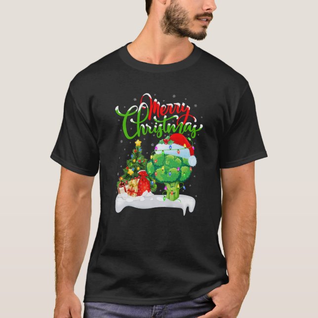 Camiseta Xmas Tree Lights Santa Hat Vegetable Broccoli Chri (Frente)
