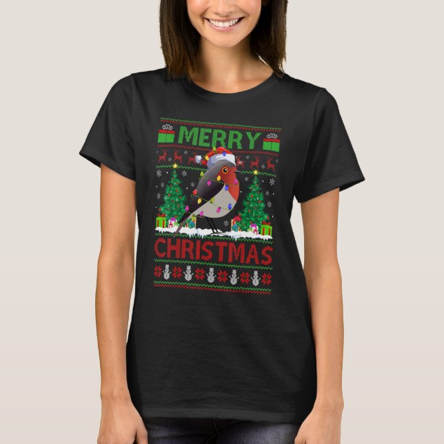 Camiseta Xmas Tree Lights Ugly Santa American Robin Bird Ch (Frente)