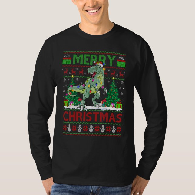 Camiseta Xmas Tree Lights Ugly Santa Spinosaurus Dinosaur C (Frente)