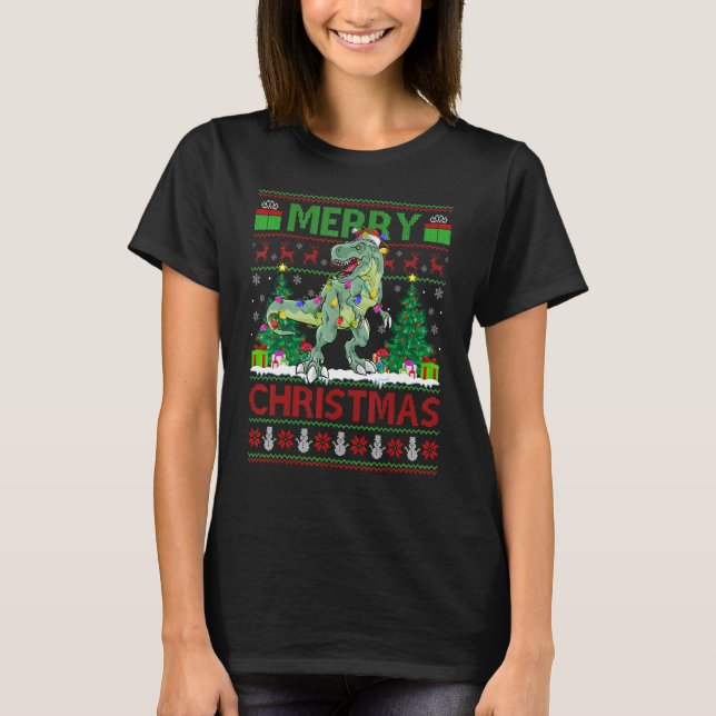 Camiseta Xmas Tree Lights Ugly Santa Spinosaurus Dinosaur C (Frente)
