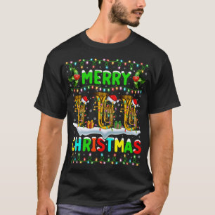 Camiseta Xmas Tuba Lighting Santa Hat Feliz Natal Tuba