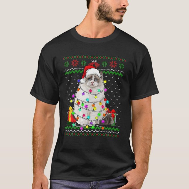 Camiseta Xmas Ugly Sweater Christmas Lights Cat Kitten Love (Frente)