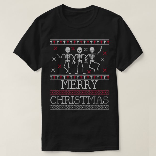 Camiseta Xmas Ugly Sweater Gótico Spooky Dançando Skeleton  (Frente do Design)