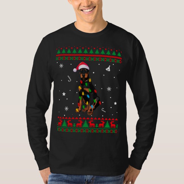 Camiseta Xmas Ugly Sweet Christmas Lights Doberman Dog Lo (Frente)