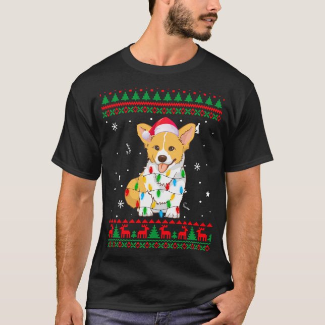 Camiseta Xmas Ugly Sweet Natal Lights Corgi Dog Lover (Frente)