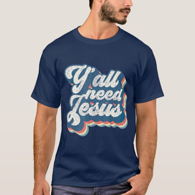 Camiseta Yall Need Jesus Christian Retro 70s Bíblia Cristo (Frente)