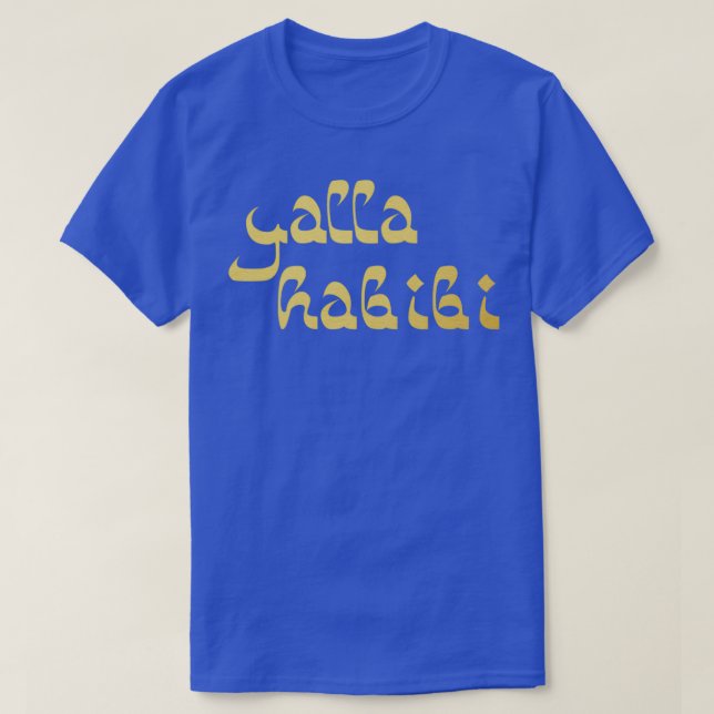 Camiseta Yalla Habibi árabe dizendo no Dourado Globetrotter (Frente do Design)