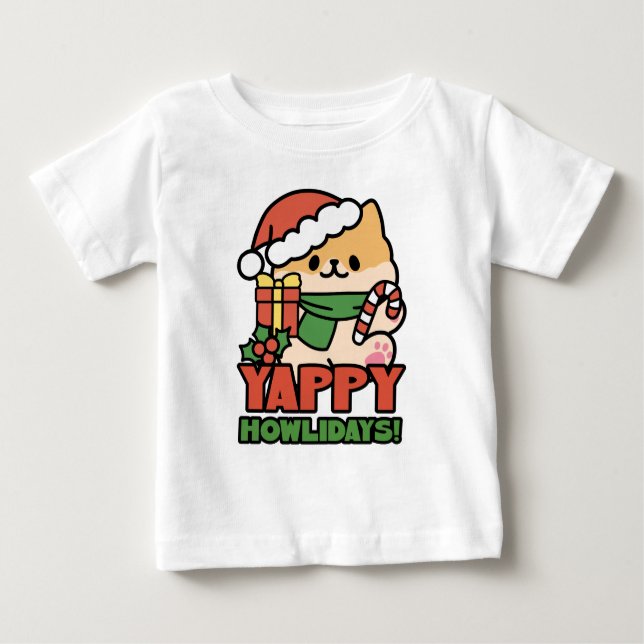 Camiseta Yappy Howlidays - Bela Cartoon de Cão de Natal (Frente)