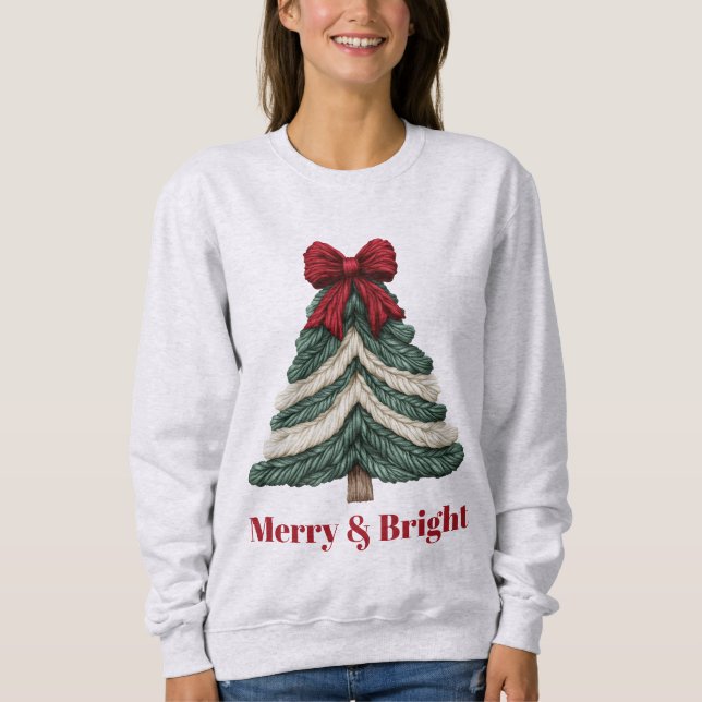 Camiseta Yarn Faux Embroidery Christmas Tree Merry Bright (Frente)