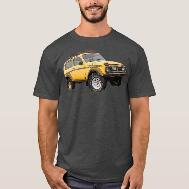 Camiseta Yellow wrecked and abandoned Lada Niva car (Frente)