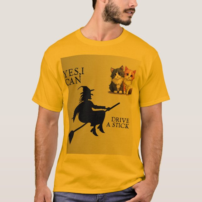 Camiseta Yes, I Can Drive a Stick – Funny Witch & Cute Cats (Frente)
